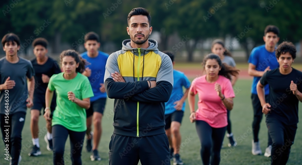 Obraz premium Athletic coach with crossed arms standing confidently on outdoor sports field with diverse team training. Fitness instructor leading group exercise session. Health wellness concept