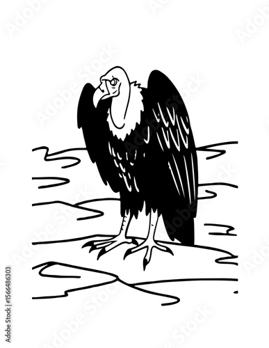 vulture soars high, scanning land below, scavenger bird with sharp eyes. cartoon 