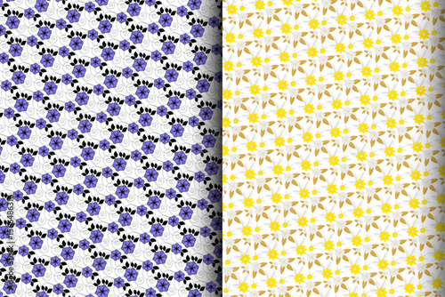 “Elegant Floral Seamless Patterns – Purple & Yellow Bloom Motifs”