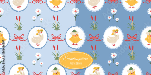 Vintage modern children's seamless pattern with a mother goose in a hat, a funny gosling, flowers, reeds, and bows. Flirty wallpaper with bows and frames. Vector design.