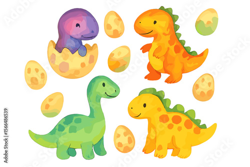 Colorful watercolor dinosaurs and eggs featuring playful baby creatures in a whimsical design