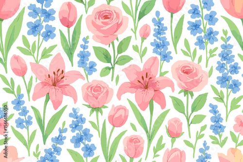 Colorful floral pattern featuring pink roses, lilies, tulips, and blue delphiniums on a white background