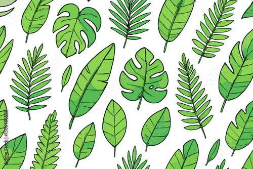 Variety of green leaves arranged in a natural pattern with detailed illustrations on a white background