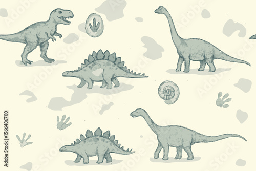Dinosaur illustrations on a light background showcasing various species interacting in a prehistoric setting