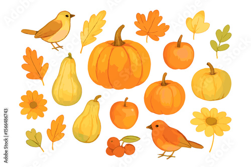 Colorful autumn harvest with pumpkins, birds, and leaves in warm hues of orange and yellow