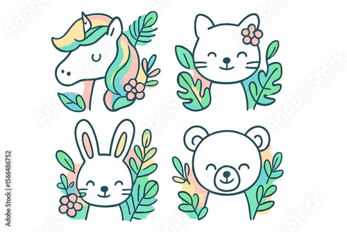 Cute animal and unicorn illustrations with flowers and leaves in soft pastel colors perfect for children's decor or apparel design