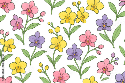 Colorful floral pattern featuring different orchid varieties on a white background, perfect for textiles and wallpaper