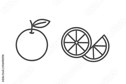 Round orange and sliced orange segments displayed in a minimalist illustration showcasing fresh fruit