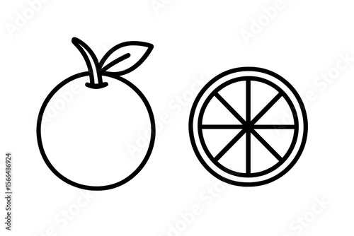 Orange fruit and its sliced version illustrated on a clean white background for educational purposes and design