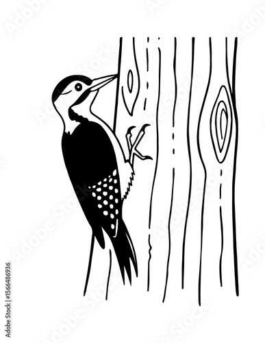 woodpecker taps on trees, searching bugs, lively forest creature in red. cartoon