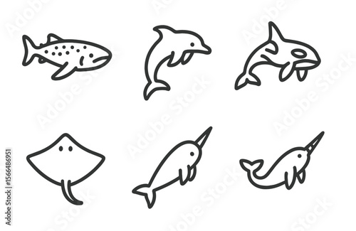 Ocean creatures illustrated in a playful style featuring shark, dolphin, orca, stingray, narwhal, and more near a coral reef