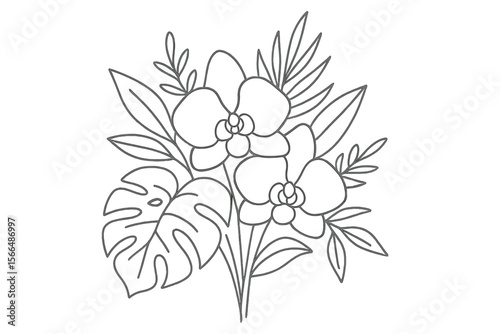 Beautiful hand-drawn orchid and tropical foliage arrangement ideal for coloring enthusiasts and floral art lovers