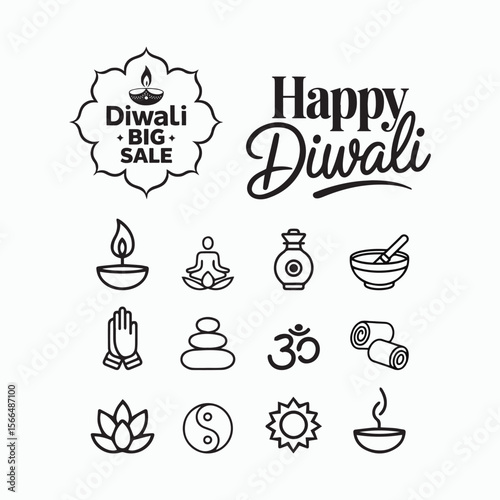 Diwali Festival Icons and Wellness Elements Vector Illustration