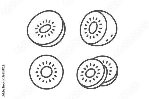 Slices of kiwi arranged in a geometric pattern on a white background showcasing their vibrant seeds and texture
