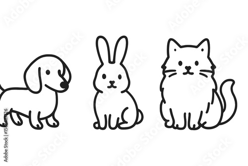 Cute cartoon animals featuring a dog, rabbit, and cat in a playful arrangement