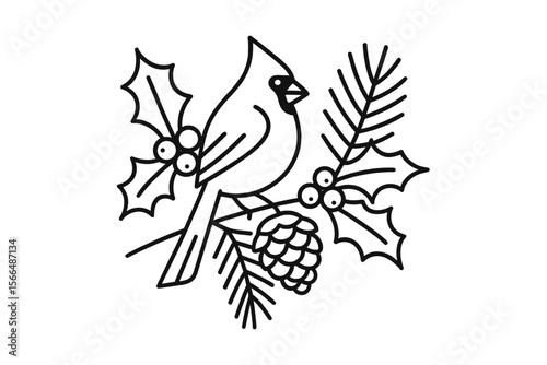 Cardinal perched on holly and pine branches during winter season celebration