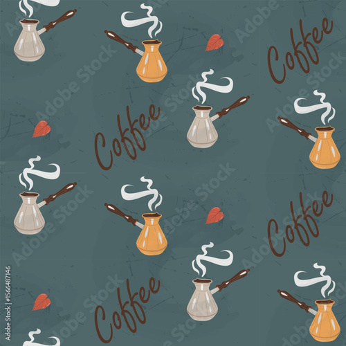Seamless pattern in retro style with coffee pot. Vector image of coffee pot and autumn leaves