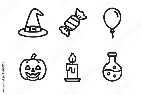 Halloween celebration symbols including candy, a pumpkin, and a potion bottle in a festive arrangement