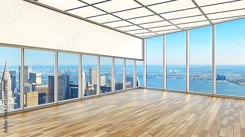 Panoramic city vista modern architecture interior design spacious empty apartment