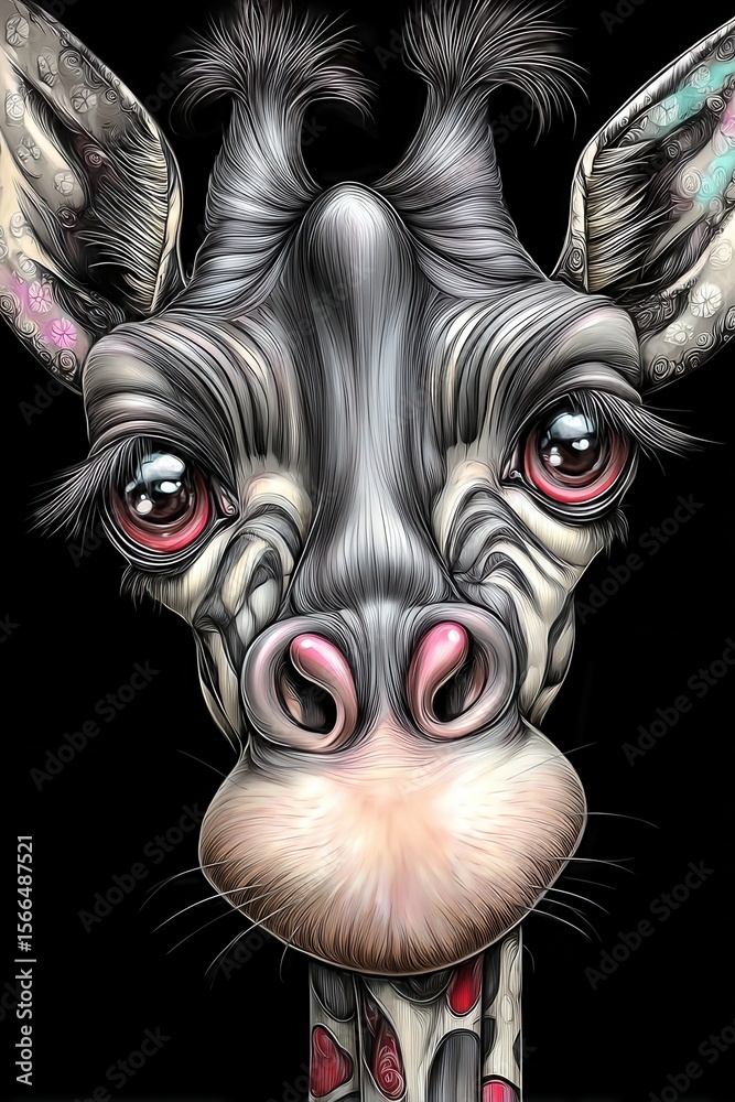 Naklejka premium A close up of a giraffe's face on a black background