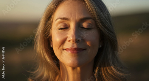 Woman with closed eyes, smiling gently in a field, bathed in the warm light of the setting sun.