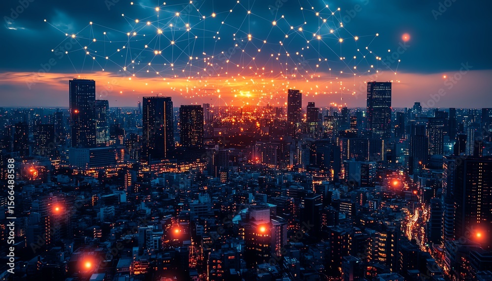 Obraz premium Smart cityscape illuminated by blockchain transactions