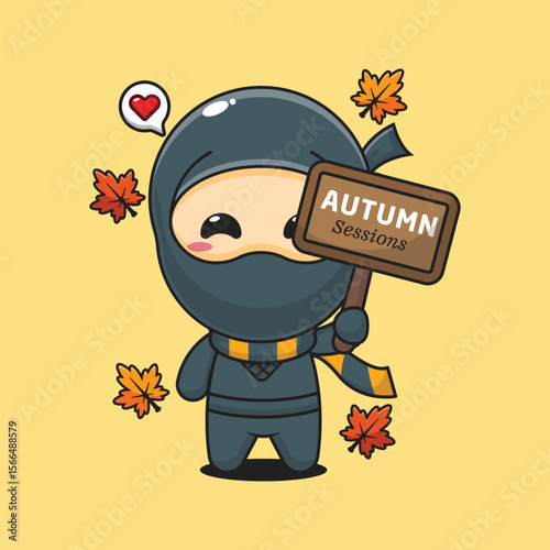 Cute ninja holding autumn sign board in autumn day cartoon vector illustration