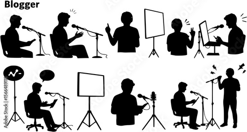 vector silhouette of a blogger hosting a podcast on a white background . Generative AI
