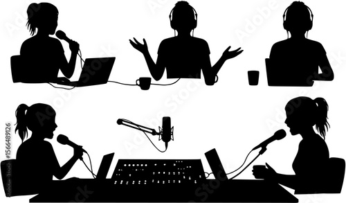 vector silhouette of a blogger hosting a podcast on a white background . Generative AI
