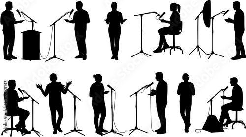 vector silhouette of a blogger hosting a podcast on a white background . Generative AI
