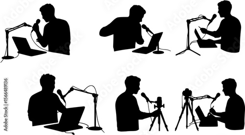 vector silhouette of a blogger hosting a podcast on a white background . Generative AI
