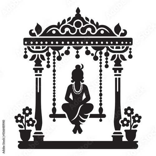 Silhouette vector icon of Krishna's traditional Indian swing stand clean decorative symbol, white background