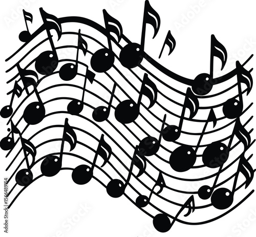 Abstract musical notes and treble clef form a dynamic sound wave illustration, poster, festival, celebration, party, club