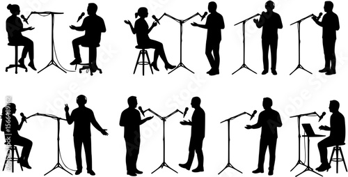 vector silhouette of a blogger hosting a podcast on a white background . Generative AI
