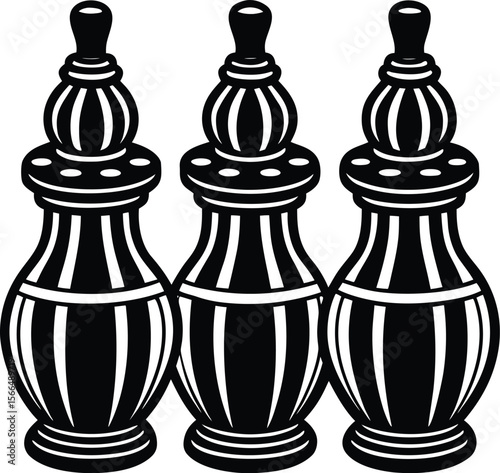 Black and white salt and pepper shakers resemble chess pieces in a strategic game, collection, natural, rustic, art, concept 