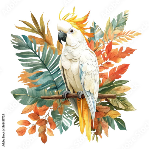parrot on a branch with tropical plants