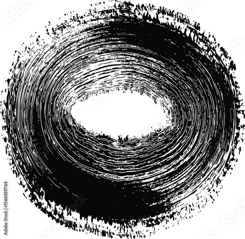 A black and white abstract image featuring a central dark blot with textured edges and fading spots