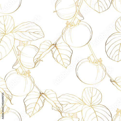 Seamless pattern of golden persimmon fruit hand drawn elements botanical illustration.