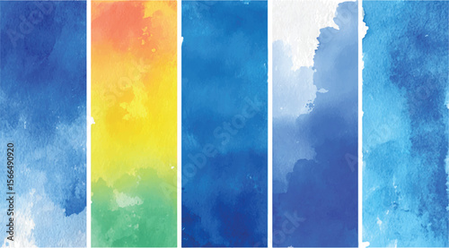 set of Blue strokes of gouache paint brush Abstract brush strokes and splash watercolor on white background.