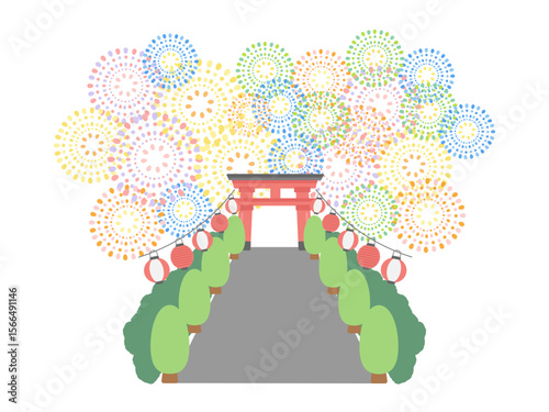 打ち上げ花火  提灯　神社　鳥居　夏祭り  フレーム  イラスト