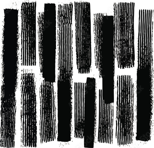 A black and white abstract pattern of vertical irregular lines forming a graphic background element