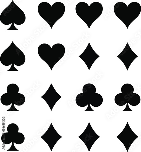 Create a kinds of deferent card, poker, casino, cards, heart, suit, game, spades, playing, gambling, vector art with white background.