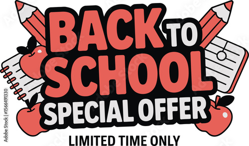 A back to school special offer graphic with pencils apples and notebooks against a light gray backdrop