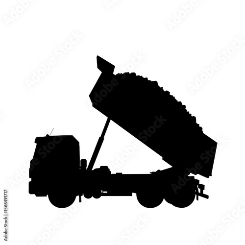 Silhouette of a dump truck with its bed raised, unloading material.