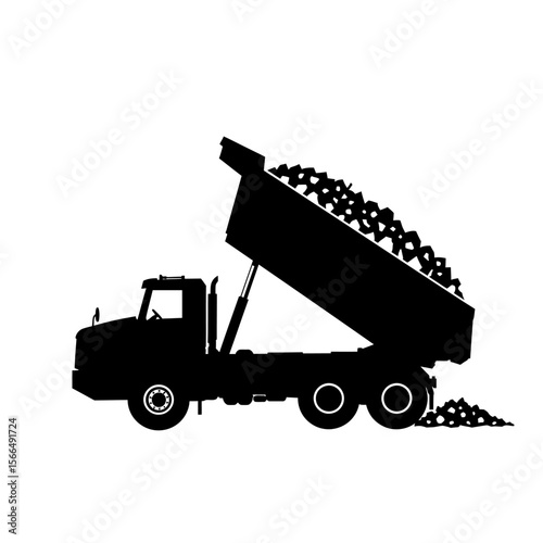A black silhouette of a dump truck unloading a pile of rocks or gravel.