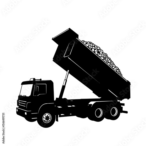 Black and white silhouette of a dump truck carrying a large load.
