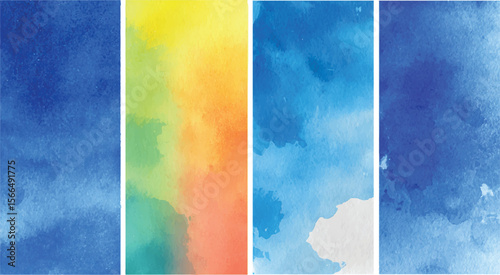 set of Blue strokes of gouache paint brush Abstract brush strokes and splash watercolor on white background.