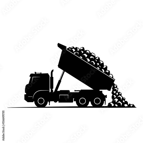 Black silhouette of a dump truck unloading a pile of spherical objects.