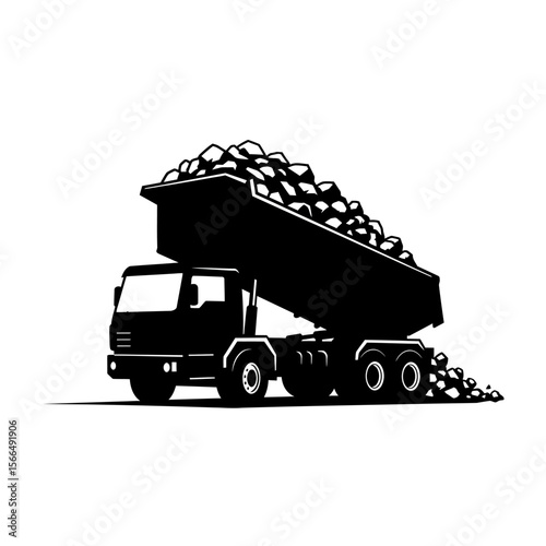 A dump truck, fully loaded with rocks, is shown in profile view, transporting materials.