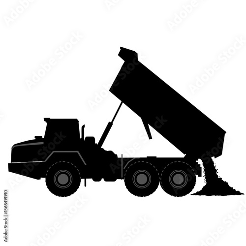 Silhouette of a dump truck unloading material.